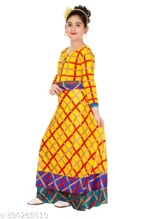 Cotton blend printed maxi dress with three-quarter sleeves, round neck, for girls aged 4-10 years. Stylish partywear for fashion-forward girls, made in India