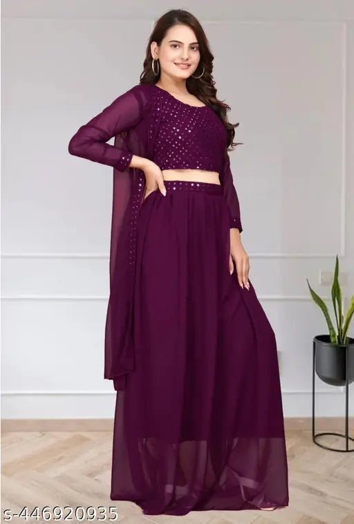 New purple Georgette Indo-Western long dress set with shrug, sleeveless lehenga, choli, and matching shrug. Indian wedding party wear for women's festivals, Bollywood style." (120 characters)