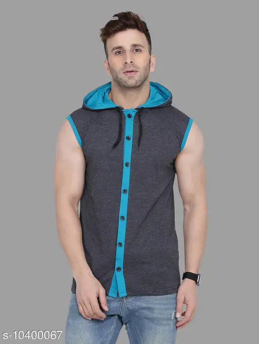 Grey cotton blend self-design net hood neck sleeveless t-shirt from Tfurnish, perfect for casual wear with jeans and sneakers. 100% pure combed 155-160 GSM cotton, made in India