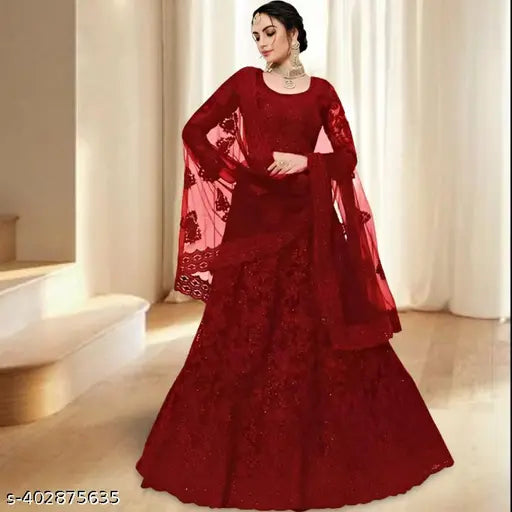 Peach embroidered semi-stitched net Lahenga Choli with unstitched blouse, India