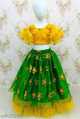Yellow-green embroidered net Chaniya Choli Lehenga for kids, semi-stitched with short sleeves. Perfect for Navratri and Garba celebrations. Indian origin