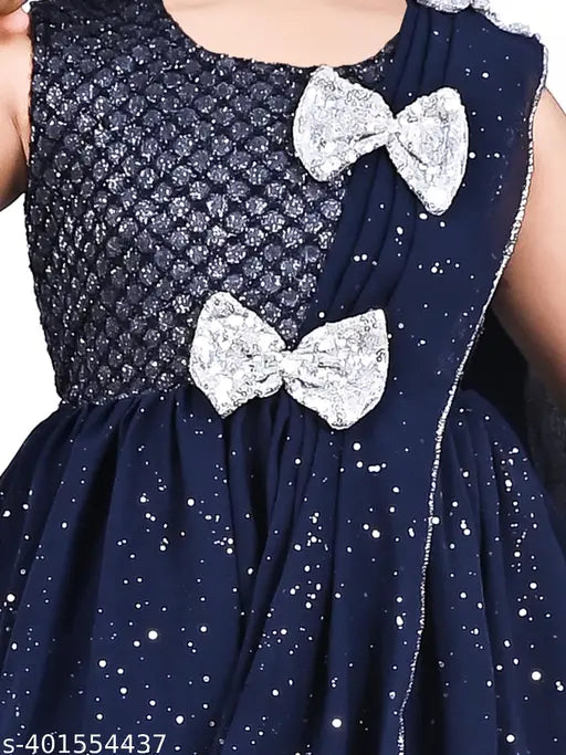 Navy Blue Modern Fancy Girls dresses, embellished net pattern, acrylic fabric, sleeveless, India origin, 2-3 Years to 15-16 Years sizes