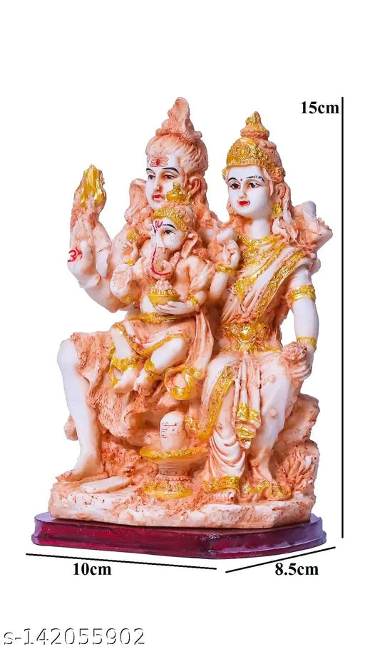 Antique poly resin Shiva Parvati Ganesh family murti, hand-painted with gold and other colors. 10 cm length, 15 cm height, 8.5 cm breadth. Marble look statue for spiritual figurine, religious pooja, home decor, temple decorative showpiece. Ideal for marriage anniversaries, gifts, festivals, or home decoration. Made in India
