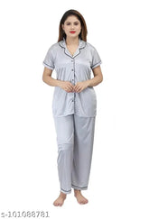Comfortable satin nightsuit set for women, solid-color sleepwear and lounge wear with short sleeves and elastic waist