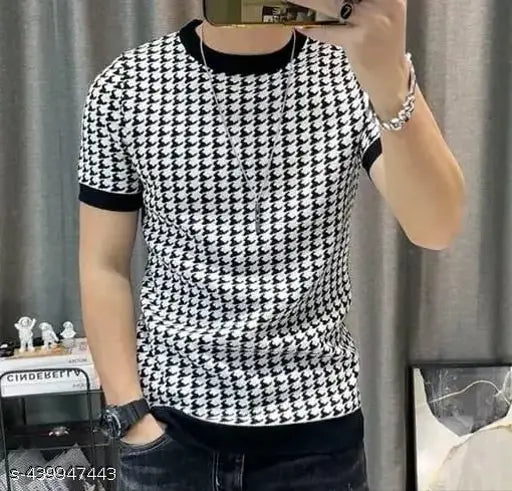 Men's printed cotton blend short sleeves party T-shirt, vibrant design on display