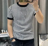 Men's printed cotton blend short sleeves party T-shirt, vibrant design on display