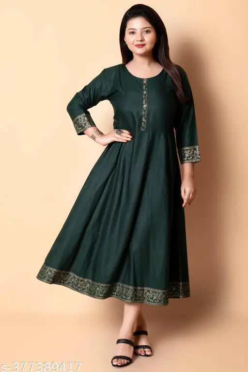Deep Green Rayon Anarkali Kurta - Vibrant Printed, Embroidered Women's Ethnic Wear, Perfect blend of style and comfort