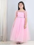 Pink net dress, girls' full length fit & flared party wear, printed toy balloon design, for kids 5-10 years old