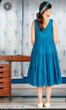 Teal blue rayon embroidery kurti for girl, sleeveless 3-tiered dress with machine yog embroidery, care: wash separately