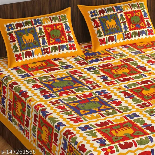 Jaipuri Rajasthani printed pure cotton double bed sheet & pillow covers, vibrant ethnic motifs for AC room, ideal gift for adults, Indian-made bed set