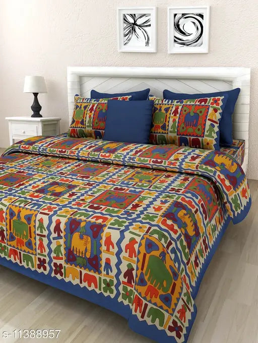 Cotton City Haathi Jaipuri double bed sheet with 2 pillow covers, queen size bedding from India
