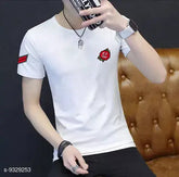 Trendy white cotton rose patch t-shirt, short sleeves, printed net design on casual wear for men and women from India