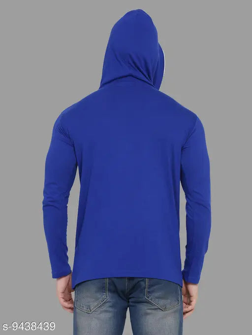 Blue cotton-blend long sleeve hooded t-shirt for men, solid design by Geum on display rack