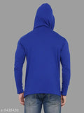 Blue cotton-blend long sleeve hooded t-shirt for men, solid design by Geum on display rack