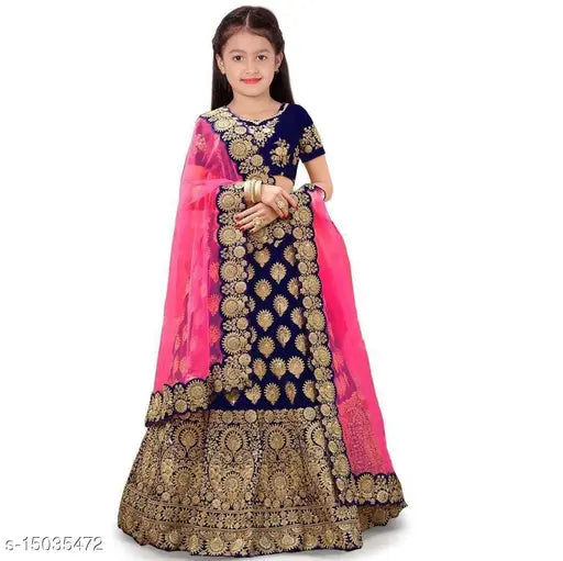 Blue silk semi-stitched lehenga choli for girls, embellished with embroidery on taffeta top and net dupatta, short sleeves, India origin