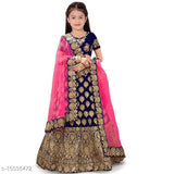 Blue silk semi-stitched lehenga choli for girls, embellished with embroidery on taffeta top and net dupatta, short sleeves, India origin