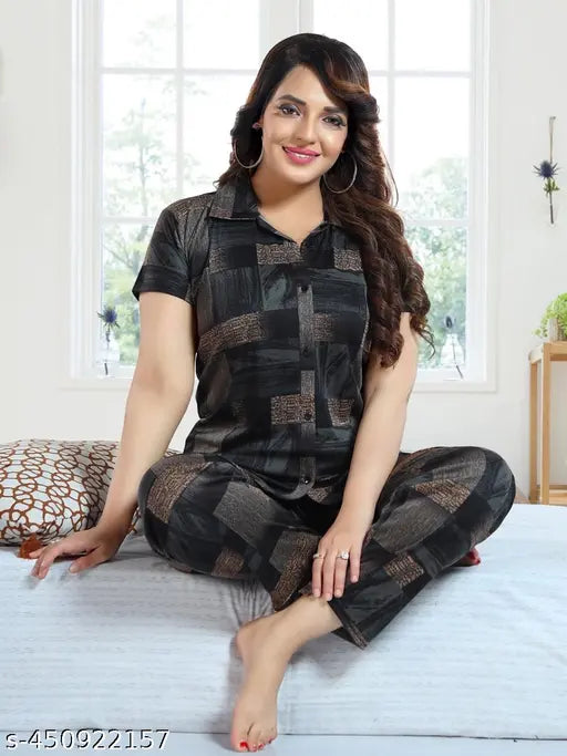 Satin night suit for women, KC CREATION printed pyjamas with short sleeves, single piece in size L (Top bust 36", Top length 26", Bottom waist 34", Bottom length 38")