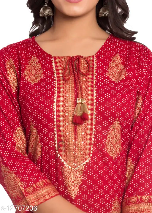 Red and gold printed festive wear kurta set with sharara palazzos, rayon slub fabric - Indian women's fashion