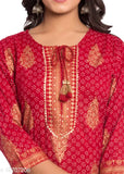 Red and gold printed festive wear kurta set with sharara palazzos, rayon slub fabric - Indian women's fashion