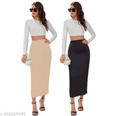 Solid polyester blend casual high-waist elastic skirts with side slits (2 pack, approx. 32.5 inches), India-made