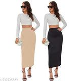 Solid polyester blend casual high-waist elastic skirts with side slits (2 pack, approx. 32.5 inches), India-made