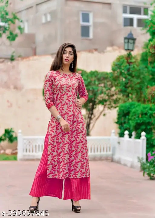 Stylish cotton kurta and printed net palazzos set, three-quarter sleeves by Lakhdatar Enterprises for women's fashion