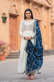 Premium designer cotton cambric embroidered anarkali gown with long sleeves, tassels, and sequins work, paired with a matching dupatta in Chinon silk, Indian origin