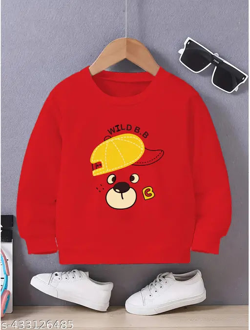 Yellow and red kids' cotton blend sweatshirt with printed Cap Dog design, ideal for winter playtime. Sizes range from 2-3 years to 7-8 years. Made in India