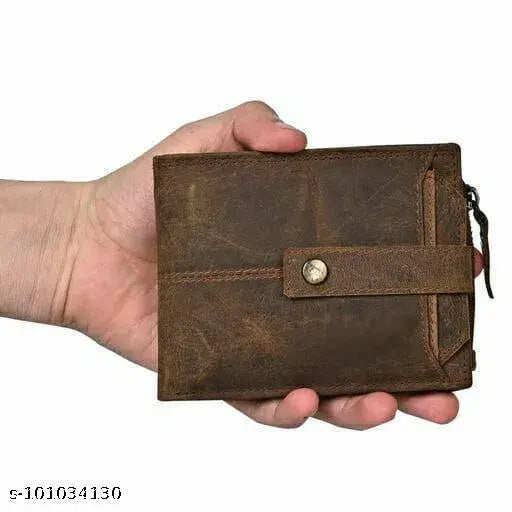 Brown genuine leather men's casual wallet, 3 compartments, free size (11cm x 9cm), premium quality leather accessory