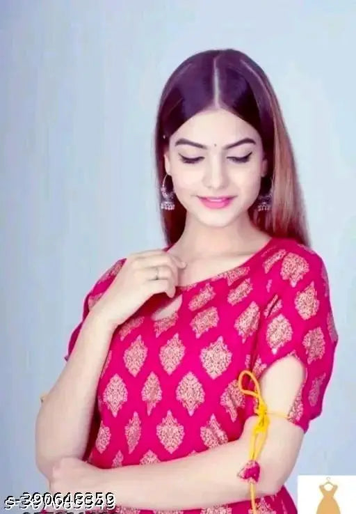 Pink gold rayon three-quarter sleeve printed combo top, vibrant pink color, Indian-origin fashion for women