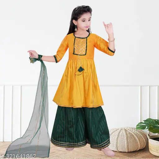 Dupion silk A-line kurta sharara set with printed pattern and three-quarter sleeves, suitable for girls aged 2-12 years. Indian fashion