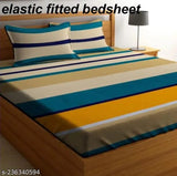 Cotton blend striped superfine fitted bedsheet, ideal for adult beds. One Deewan sheet (60x90 inches), five pillow covers, and two blower covers. Made in India