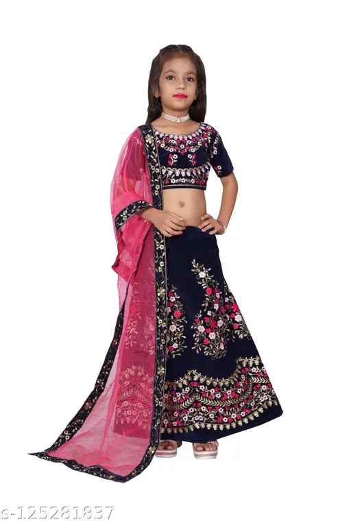 Semi-stitched velvet lehenga choli with embroidered patterns, sleeveless top and taffeta silk dupatta. 5-10 years sizes available, Indian origin