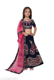 Semi-stitched velvet lehenga choli with embroidered patterns, sleeveless top and taffeta silk dupatta. 5-10 years sizes available, Indian origin