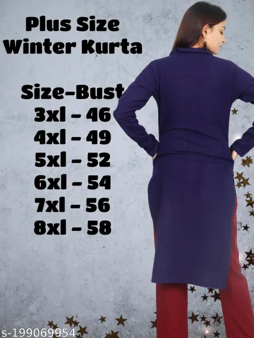 Women's plus size winter wear CotsWool Kurta with full sleeve and 2 side pockets, solid color in multiple sizes from XXXL to 8XL. Indian made