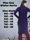 Women's plus size winter wear CotsWool Kurta with full sleeve and 2 side pockets, solid color in multiple sizes from XXXL to 8XL. Indian made