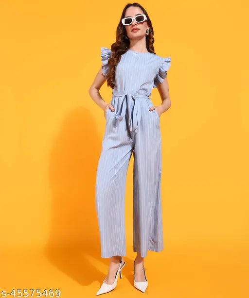 Light blue stripe printed crepe long jumpsuit with ruffled sleeves and waist belt by Serein for women's office or business casual wear