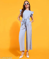 Light blue stripe printed crepe long jumpsuit with ruffled sleeves and waist belt by Serein - suitable for office or casual wear
