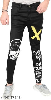 Black denim printed jeans for men, slim fit from Slap Bestseller. Made of quality denim, featuring a placement print. One pair available in size 28 (waist 28 in, length 39 in, hip 35 in), 30 (waist 30 in, length 39 in, hip 37 in), 32 (waist 32 in, length 39 in, hip 39 in), 34 (waist 34 in, length 39 in, hip 41 in). Origin India
