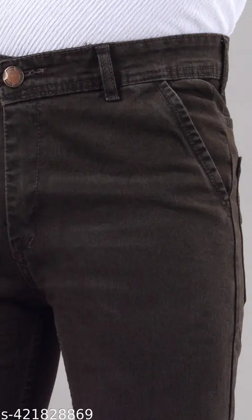 Men's brown stretchable denim jeans, solid pattern for versatile casual and semi-formal wear. Brown jeans size 42, 44, 46, 48, 50 (Waist 42in/44in/46in/48in/50in, Hip 47in/49in/51in/53in/55in). Made in India