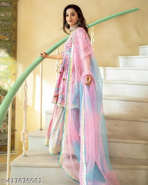 Pink floral rayon kurti and sharara set with dupatta - rayon fabric, three-quarter sleeves, printed design, stitched net, single set from Etisha's festive women's wear collection