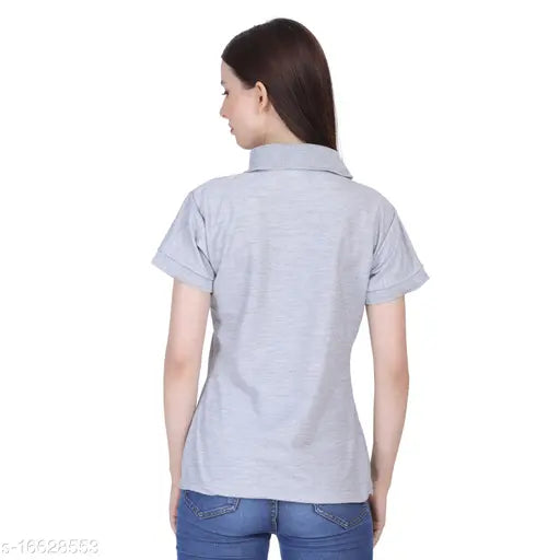 Grey cotton blend polo-neck t-shirt for women, solid design