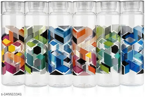 Multicolor printed 1000ml PET plastic water bottles for fridge, school, office, and home (pack of 6)