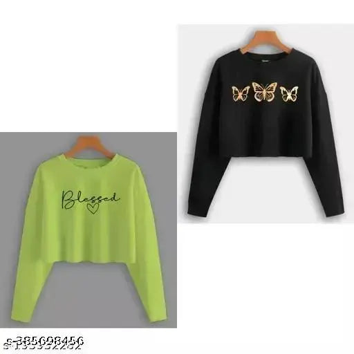 Green cotton blend long-sleeve crop top with gold butterfly print, fancy for women & girls. Made in India
