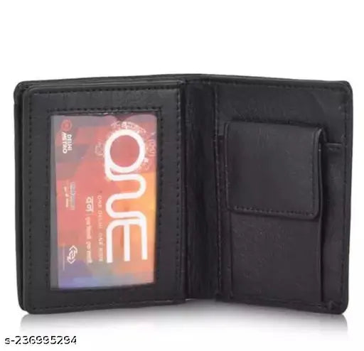 Black PU leather men's minimalist wallet (6 card slots), sleek design for casual occasions