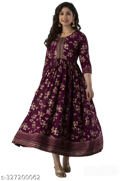 Maroon long printed Anarkali kurt with three-quarter sleeves, rayon fabric, vibrant combo pattern. Women's sensational printed long Anarkali kutra, suitable for various sizes from S to XXXL. Made in India