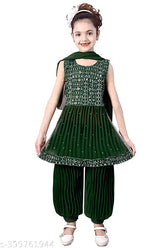 Embellished Georgette kids nayra cut afgani set, sleeveless for 3-15 years old Indian girls' clothing