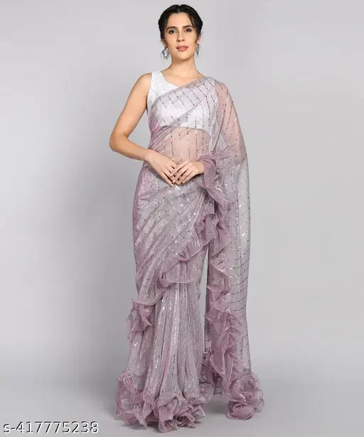 White Malai Silk saree with chiffon blouse, delicate frill work, Indian ethnic wear