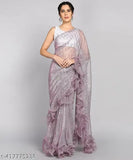 White Malai Silk saree with chiffon blouse, delicate frill work, Indian ethnic wear