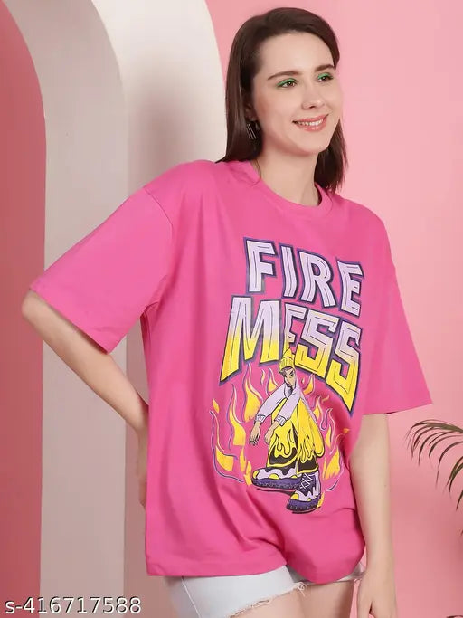 Cotton oversize printed women's t-shirt, stylish graphic design, short sleeves, pre-shrunk for longevity